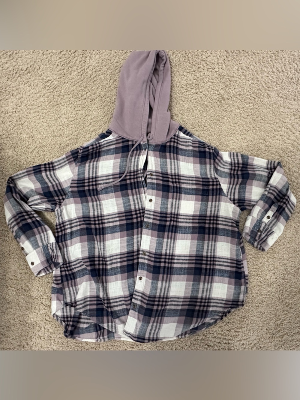 American Eagle Outfitters Lavender Hooded Plaid Button-Down Shirt
